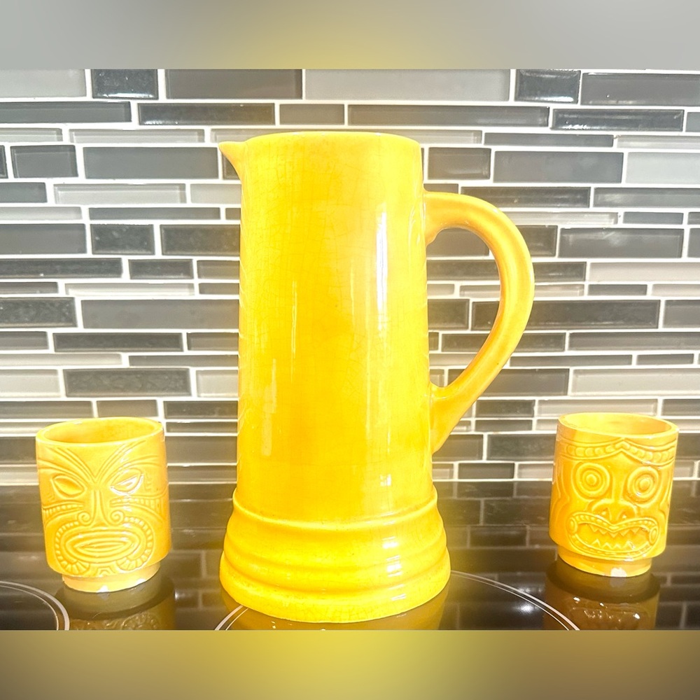 VTG Canary Yellow Ceramic Pitcher & Double Sided Tiki Cups marked Resper
